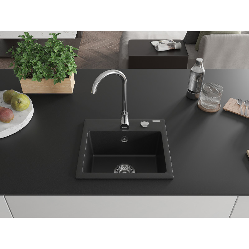 Mexen Milo granitinė vienos kameros virtuvės kriauklė 435 x 410 mm, juoda, chromuotas sifonas - 6505441000-77