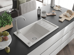 Mexen Elias granitinė vienos kameros virtuvės kriauklė su nusausintuvu 795 x 480 mm, balta, chromuotas sifonas