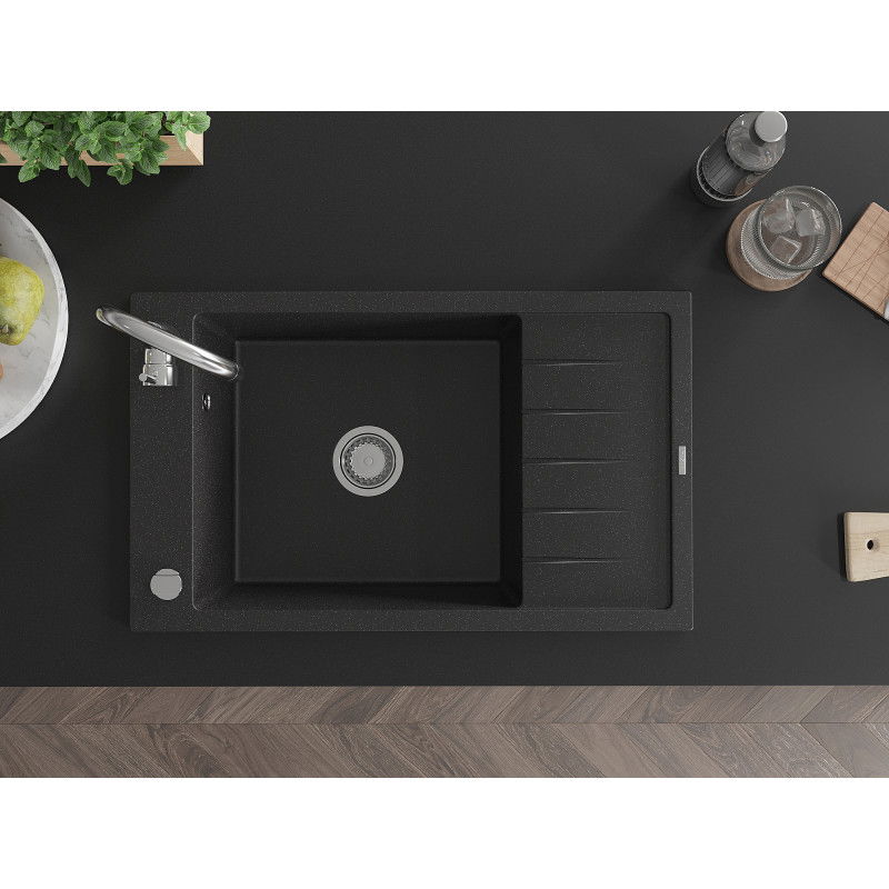 Mexen Elias granitinė vienos kameros plautuvė su drenažu 795 x 480 mm, juoda/sidabrinis metalikas, chromuotas sifonas