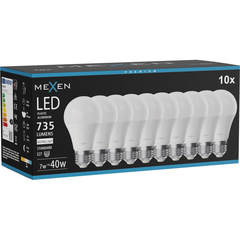 Mexen Nova 10x LED lemputė E27, A60, 7W, Neutrali - 4000K, 735 lm - L100-E27-0740-01x10