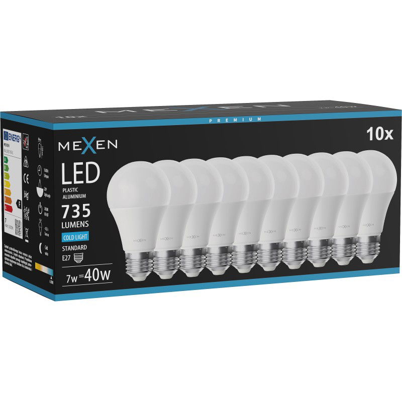 Mexen Nova 10x LED lemputė E27, A60, 7W, Šalta - 6500K, 735 lm - L100-E27-0765-01x10