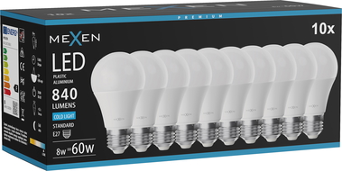 Mexen Nova 10x LED lemputė E27, A60, 8W, Šalta - 6500K, 840 lm - L100-E27-0865-01x10