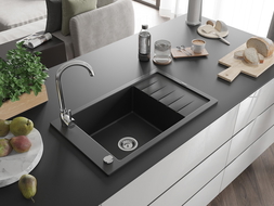 Mexen Elias granito plautuvė vienos talpos su nuvarvėjimo zona 795 x 480 mm, juodas, chromuota sifonas - 6511791005-77