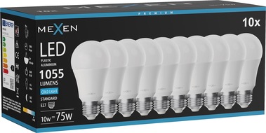 Mexen Nova 10x LED lemputė E27, A60, 10W, Šalta - 6500K, 1055 lm - L100-E27-1065-01x10