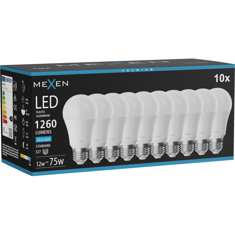 Mexen Nova 10x LED lemputė E27, A60, 12W, Šaltas - 6500K, 1260 lm - L100-E27-1265-01x10
