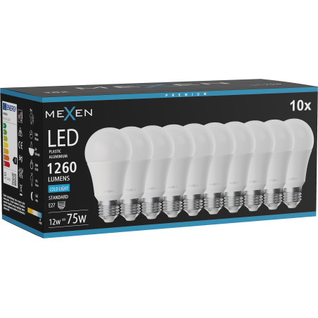 Mexen Nova 10x LED lemputė E27, A60, 12W, Šaltas - 6500K, 1260 lm - L100-E27-1265-01x10