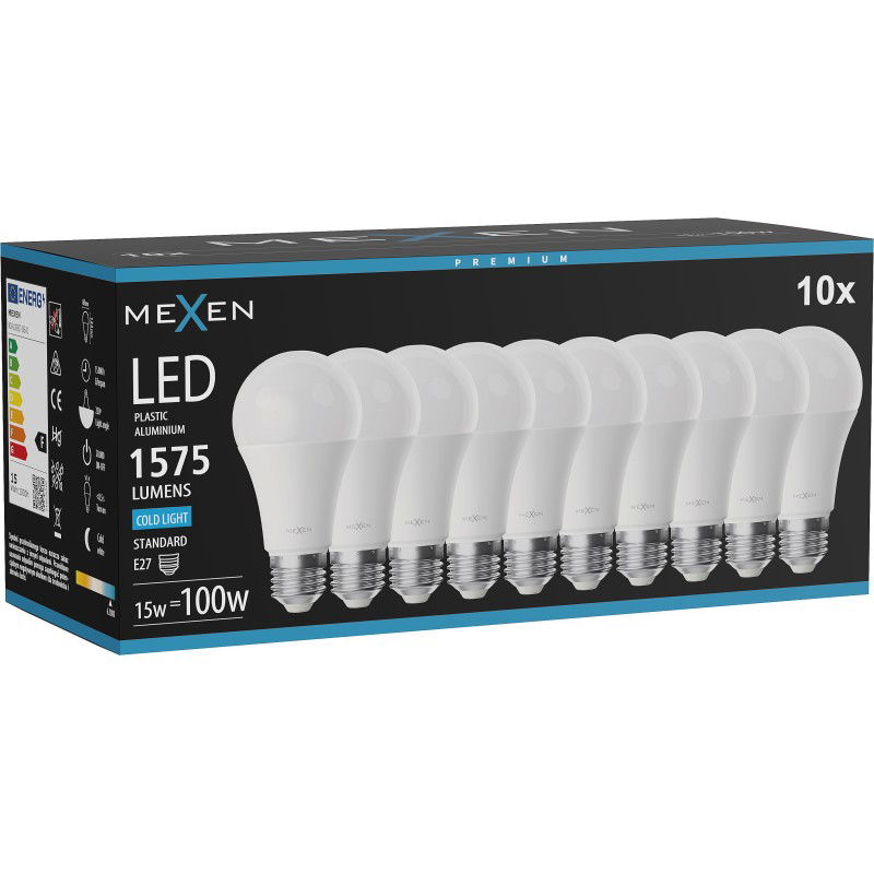 Mexen Nova 10x LED lemputė E27, A60, 15W, šaltai balta - 6500K, 1575 lm - L100-E27-1565-01x10