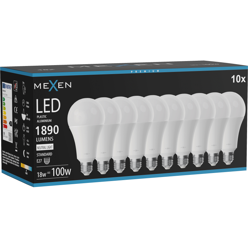 Mexen Nova 10x LED lemputė E27, A70, 18W, Neutralus - 4000K, 1890 lm - L100-E27-1840-01x10