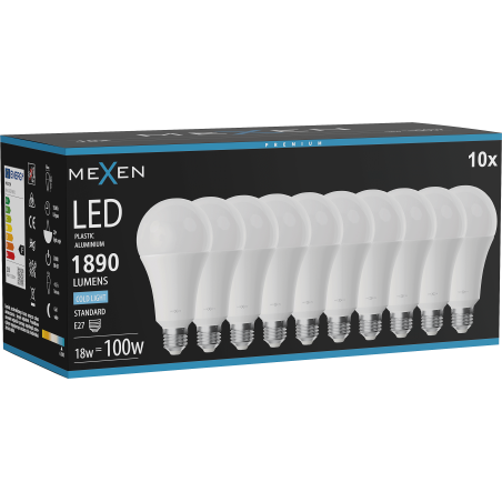 Mexen Nova 10x LED lemputė E27, A70, 18W, Šaltai balta - 6500K, 1890 lm - L100-E27-1865-01x10
