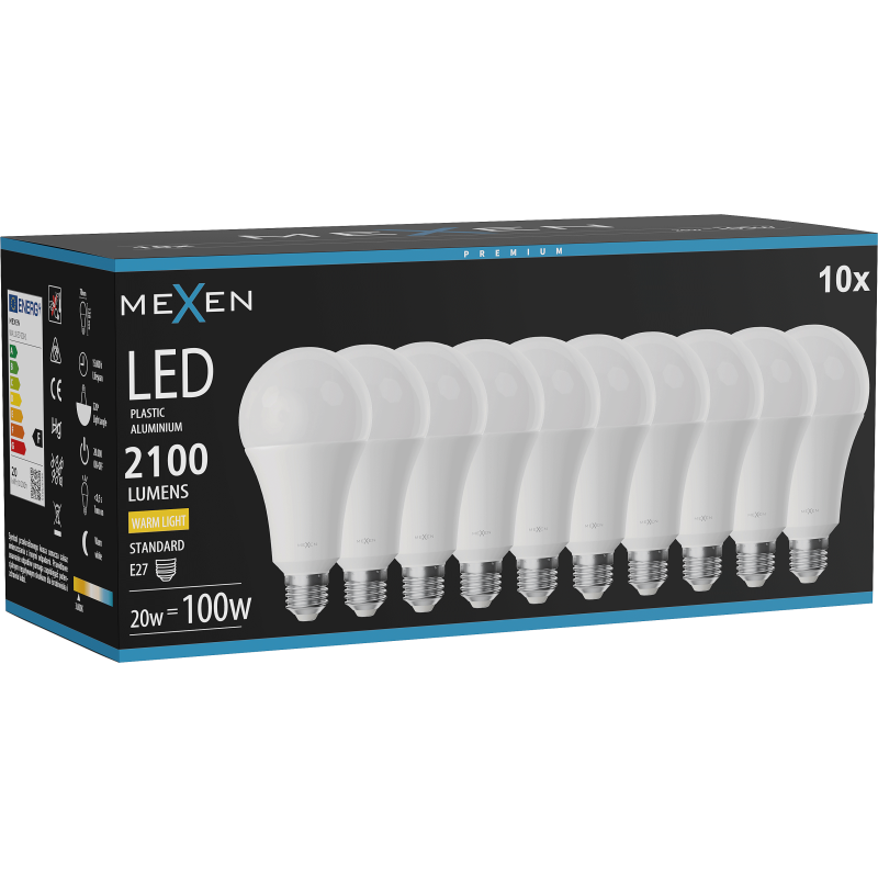 Mexen Nova 10x LED lemputė E27, A70, 20W, Šilta - 3000K, 2100 lm - L100-E27-2030-01x10