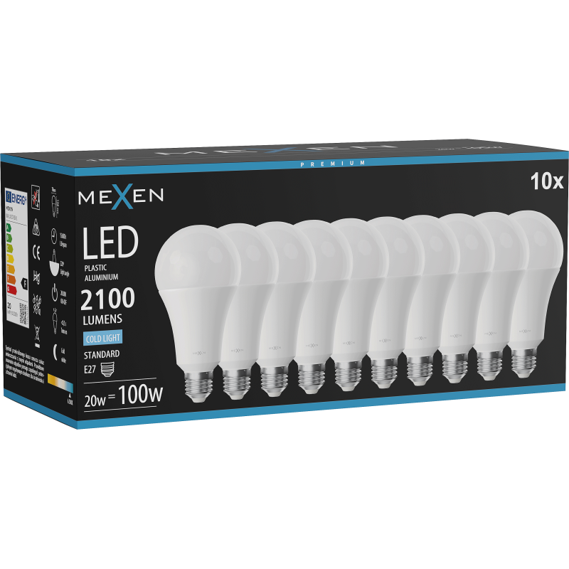 Mexen Nova 10x LED lemputė E27, A70, 20W, Šalta - 6500K, 2100 lm - L100-E27-2065-01x10