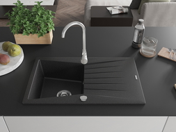 Mexen Cesar granitinė vienos kameros plautuvė su nusausintoju 775 x 470 mm, juoda/sidabrinė metalika, chromuotas sifonas