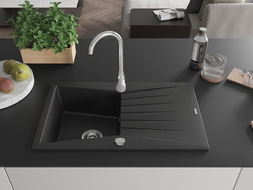 Mexen Cesar granitinis vieno dubens plautuvė su nusausintuvu 775 x 470 mm, juoda/sidabrinė metalo spalva, chromuotas sifonas - ?