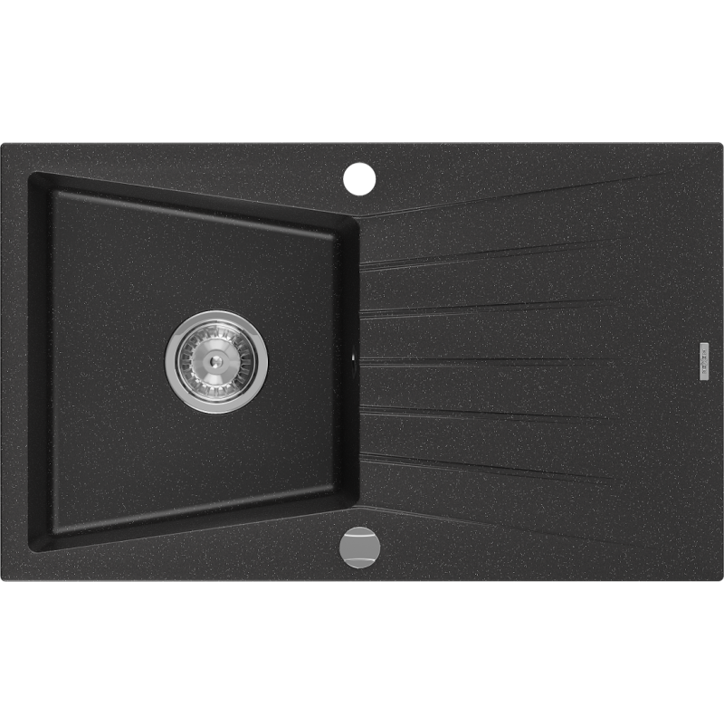 Mexen Cesar granitinė vienos kameros plautuvė su nusausintoju 775 x 470 mm, juoda/sidabrinė metalika, chromuotas sifonas