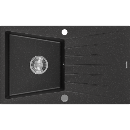 Mexen Cesar granitinė vienos kameros plautuvė su nusausintoju 775 x 470 mm, juoda/sidabrinė metalika, chromuotas sifonas