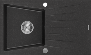 Mexen Cesar granitinė vienos kameros plautuvė su nusausintoju 775 x 470 mm, juoda/sidabrinė metalika, chromuotas sifonas