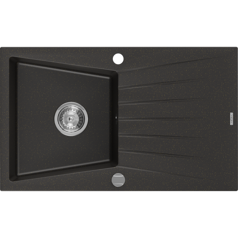 Mexen Cesar granitinė plautuvė vienos kameros su drenažu 775 x 470 mm, juoda/auksinis metalikas, chromuotas sifonas
