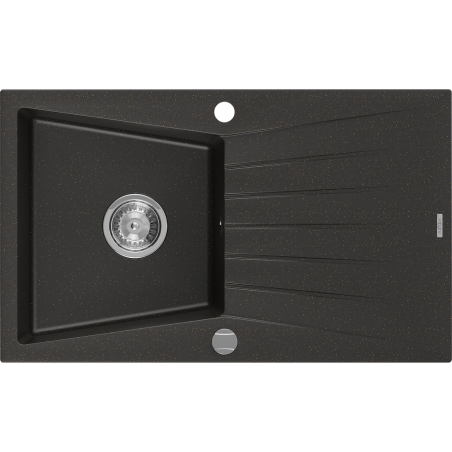 Mexen Cesar granitinė plautuvė vienos kameros su drenažu 775 x 470 mm, juoda/auksinis metalikas, chromuotas sifonas