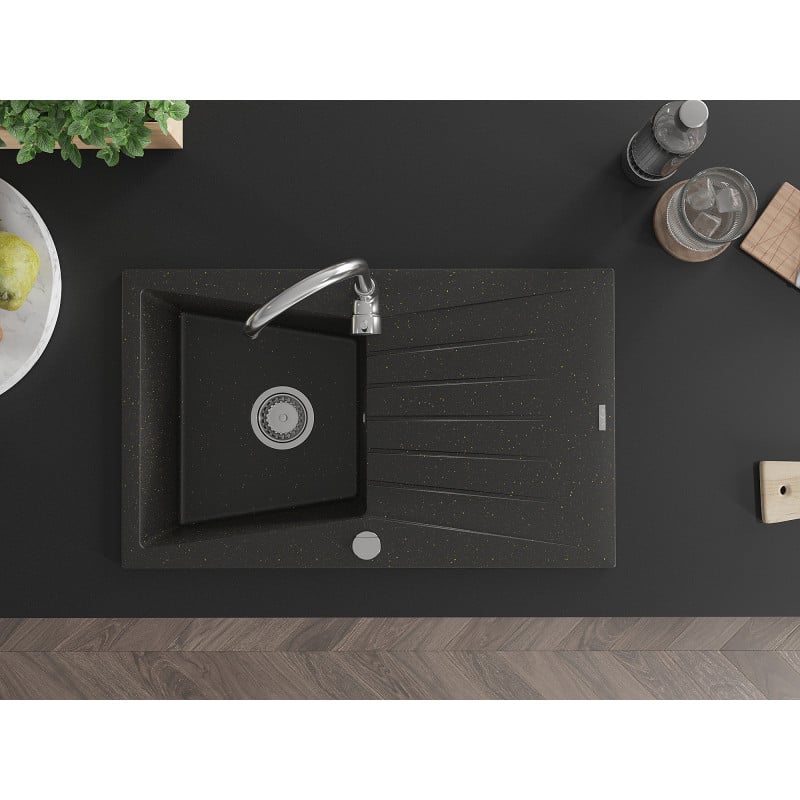 Mexen Cesar granitinė plautuvė vienos kameros su drenažu 775 x 470 mm, juoda/auksinis metalikas, chromuotas sifonas