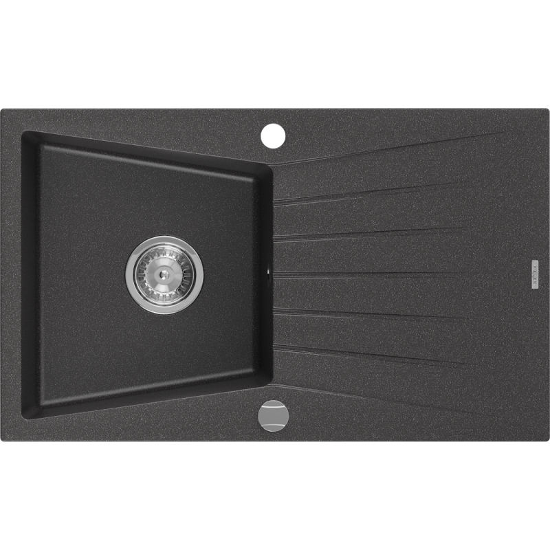 Mexen Cesar granitinė vienos kameros plautuvė su drenažu 775 x 470 mm, juoda su dėmėmis, chromuotas sifonas - 6514771010-76