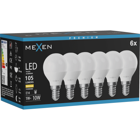 Mexen Nova 6x LED lemputė E14, G45, 1W, Šilta - 3000K, 105 lm - L101-E14-0130-01x06