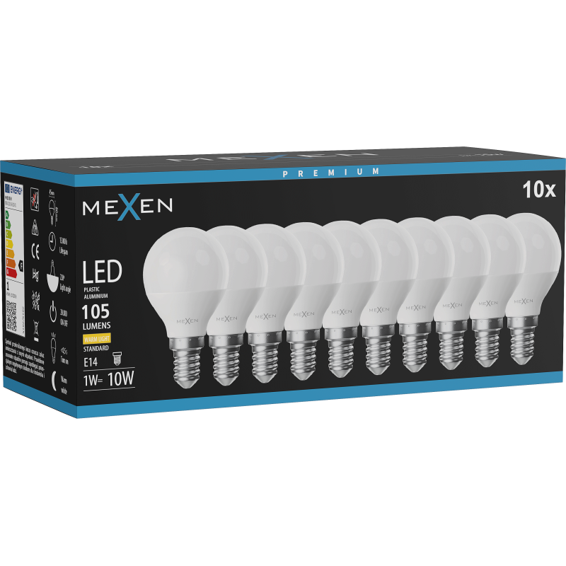 Mexen Nova 10x LED lemputė E14, G45, 1W, Šilta - 3000K, 105 lm - L101-E14-0130-01x10