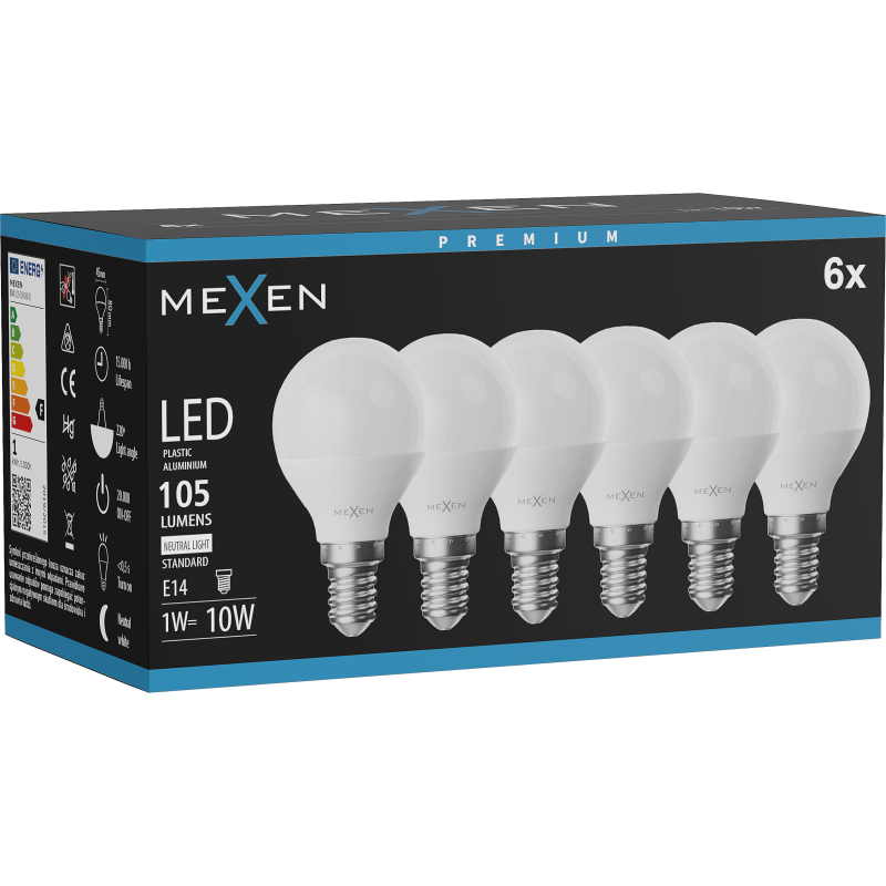 Mexen Nova 6x LED lemputė E14, G45, 1W, Neutrali - 4000K, 105 lm - L101-E14-0140-01x06