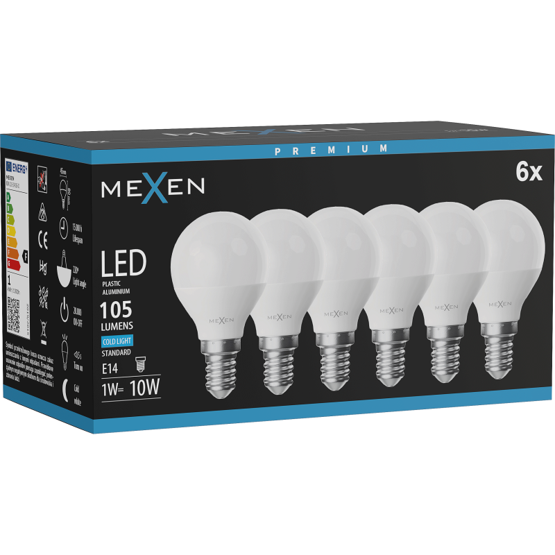 Mexen Nova 6x LED lemputė E14, G45, 1W, Šaltai balta - 6500K, 105 lm - L101-E14-0165-01x06
