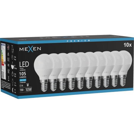 Mexen Nova 10x LED lemputė E14, G45, 1W, Šalta - 6500K, 105 lm - L101-E14-0165-01x10