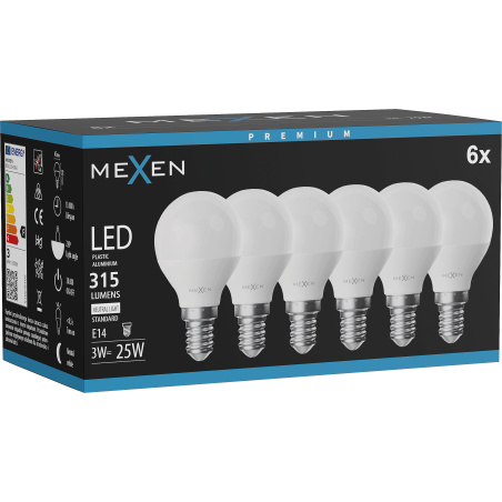 Mexen Nova 6x LED lemputė E14, G45, 3W, Neutrali - 4000K, 315 lm - L101-E14-0340-01x06