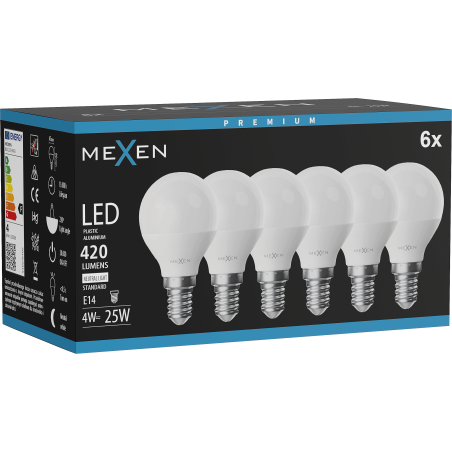 Mexen Nova 6x LED Lemputė E14, G45, 4W, Neutralus - 4000K, 420 lm - L101-E14-0440-01x06