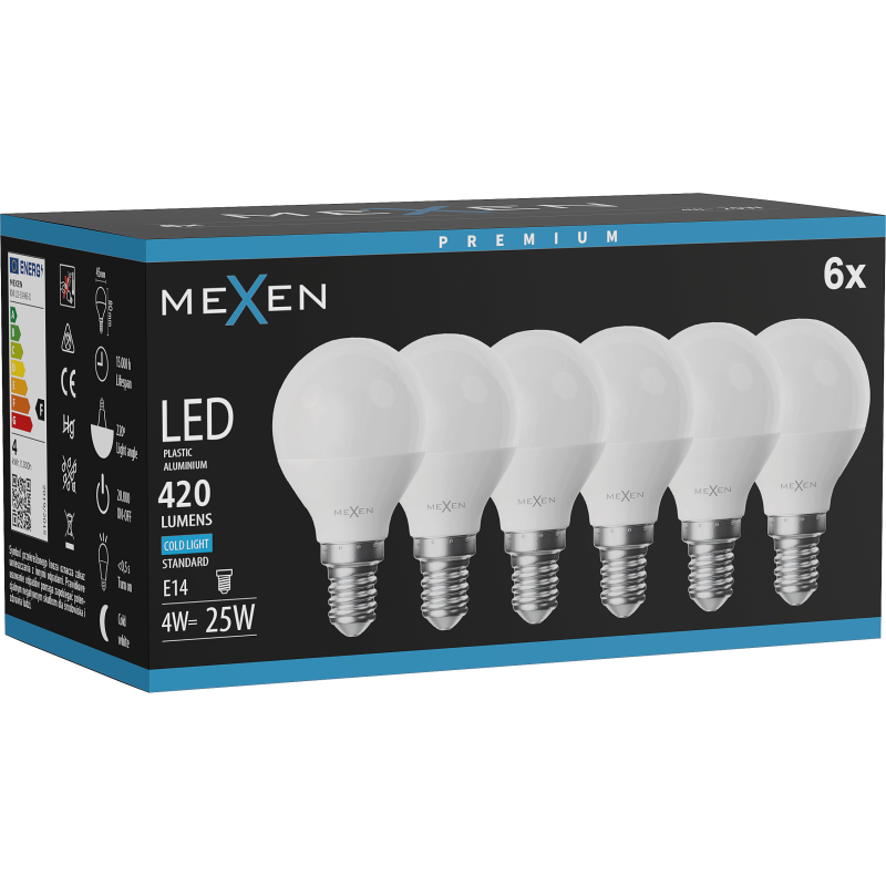 Mexen Nova 6x LED lemputė E14, G45, 4W, Šaltas - 6500K, 420 lm - L101-E14-0465-01x06