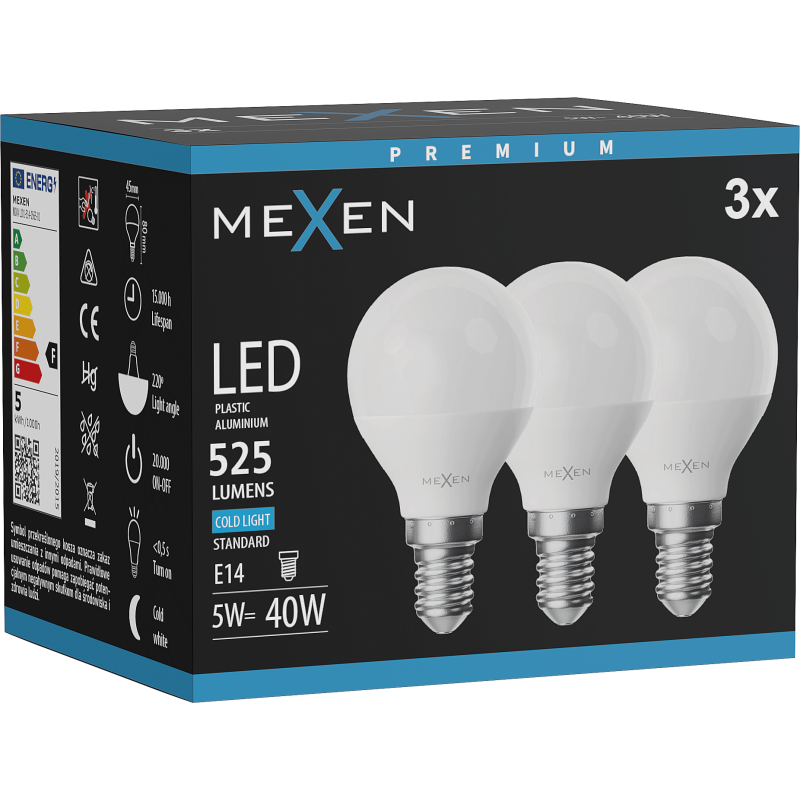 Mexen Nova 3x LED lemputė E14, G45, 5W, Šaltai - 6500K, 525 lm - L101-E14-0565-01x03