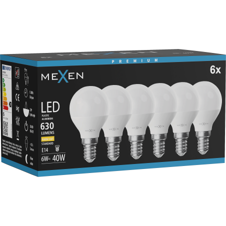 Mexen Nova 6x LED Lemputė E14, G45, 6W, Šilta - 3000K, 630 lm - L101-E14-0630-01x06
