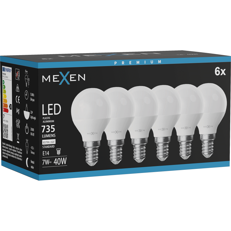 Mexen Nova 6x LED lemputė E14, G45, 7W, Neutralus - 4000K, 735 lm - L101-E14-0740-01x06