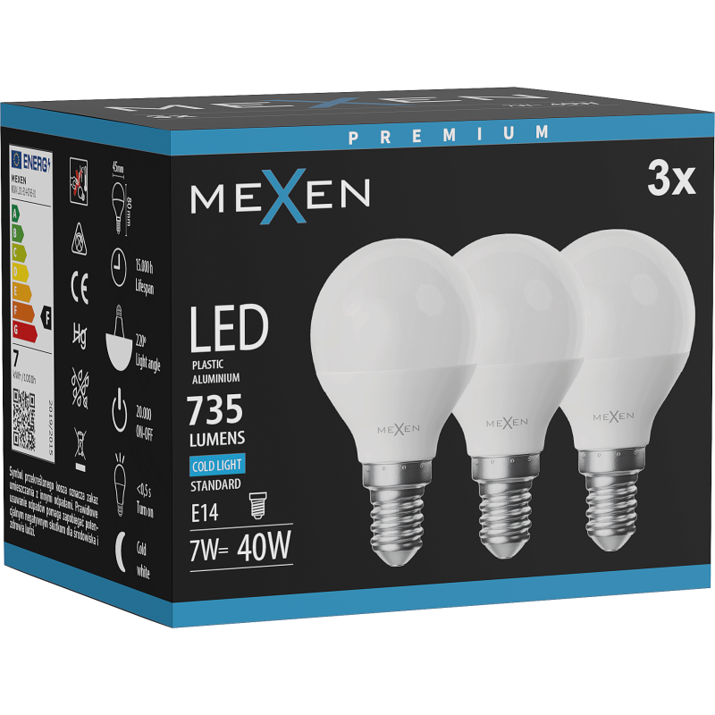 Mexen Nova 3x LED lemputė E14, G45, 7W, Šalta - 6500K, 735 lm - L101-E14-0765-01x03