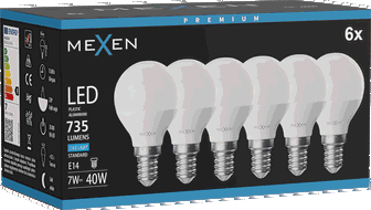 Mexen Nova 6x LED lemputė E14, G45, 7W, Šalta - 6500K, 735 lm - L101-E14-0765-01x06