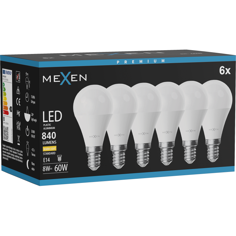 Mexen Nova 6x LED lemputė E14, G45, 8W, Šiltas - 3000K, 840 lm - L101-E14-0830-01x06