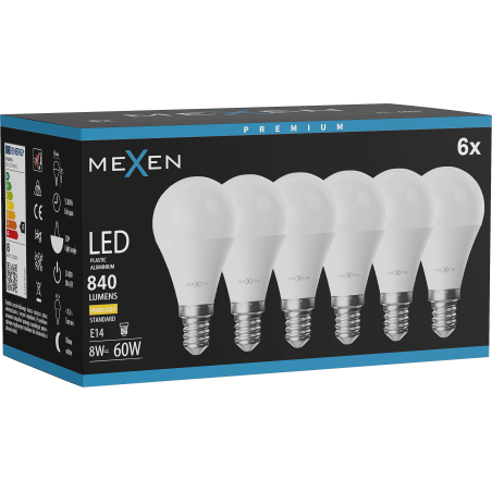 Mexen Nova 6x LED lemputė E14, G45, 8W, Šiltas - 3000K, 840 lm - L101-E14-0830-01x06