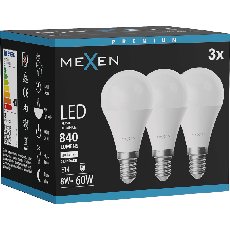 Mexen Nova 3x LED lemputė E14, G45, 8W, Neutralus - 4000K, 840 lm - L101-E14-0840-01x03