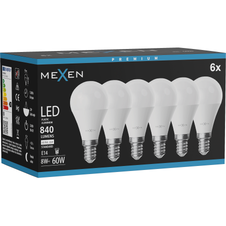 Mexen Nova 6x LED lemputė E14, G45, 8W, Neutrali - 4000K, 840 lm - L101-E14-0840-01x06