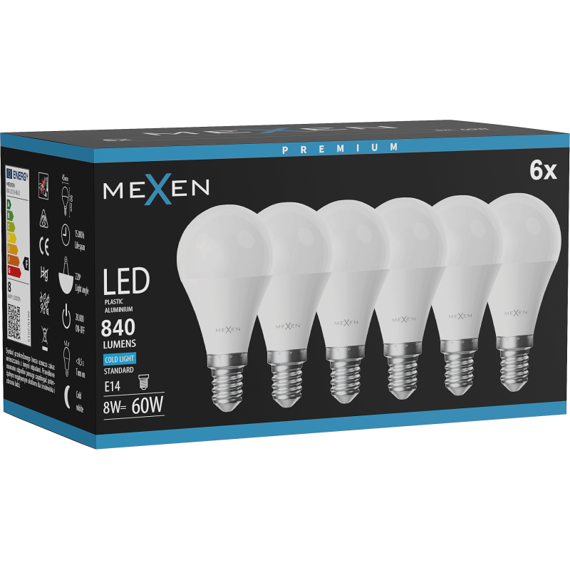 Mexen Nova 6x LED lemputė E14, G45, 8W, Šalta - 6500K, 840 lm - L101-E14-0865-01x06