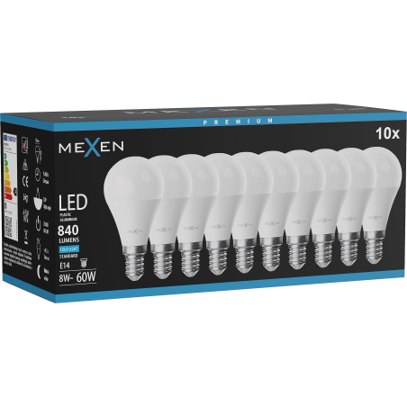 Mexen Nova 10x LED lemputė E14, G45, 8W, Šalta - 6500K, 840 lm - L101-E14-0865-01x10