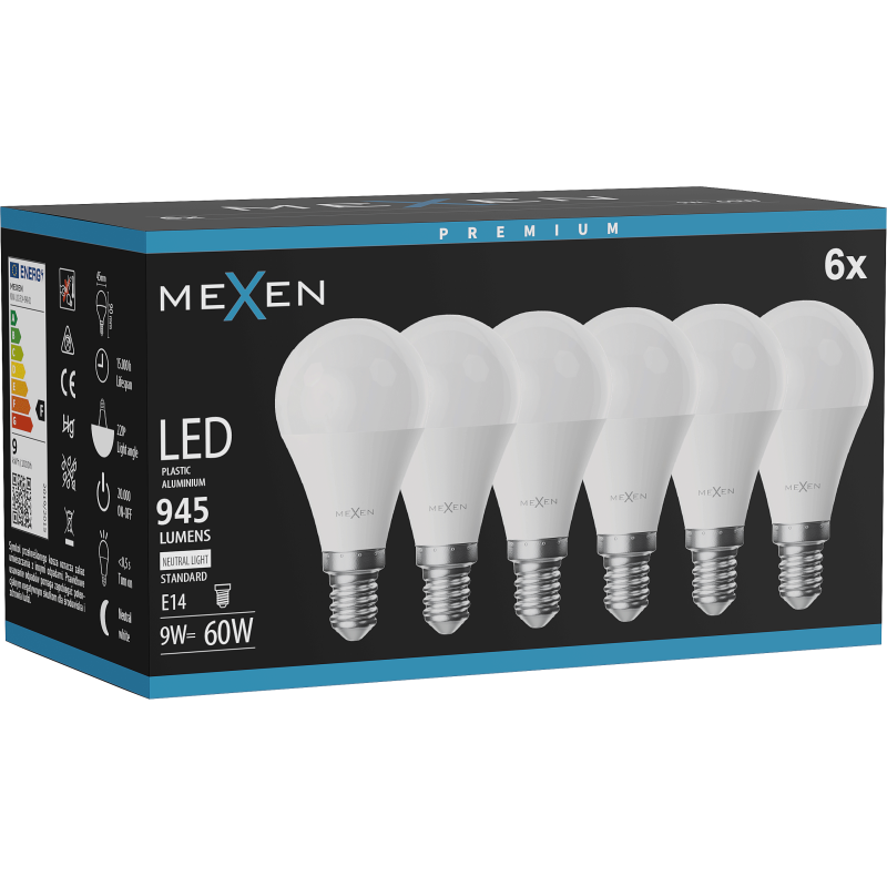 Mexen Nova 6x LED lemputė E14, G45, 9W, Neutrali - 4000K, 945 lm - L101-E14-0940-01x06