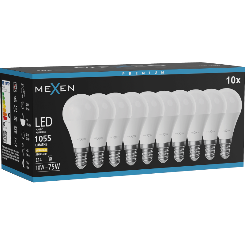 Mexen Nova 10x LED lemputė E14, G45, 10W, Šilta - 3000K, 1055 lm - L101-E14-1030-01x10