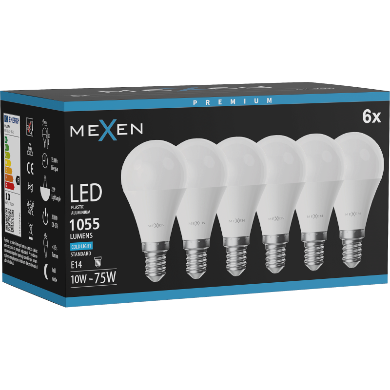 Mexen Nova 6x LED lemputė E14, G45, 10W, Šalta - 6500K, 1055 lm - L101-E14-1065-01x06