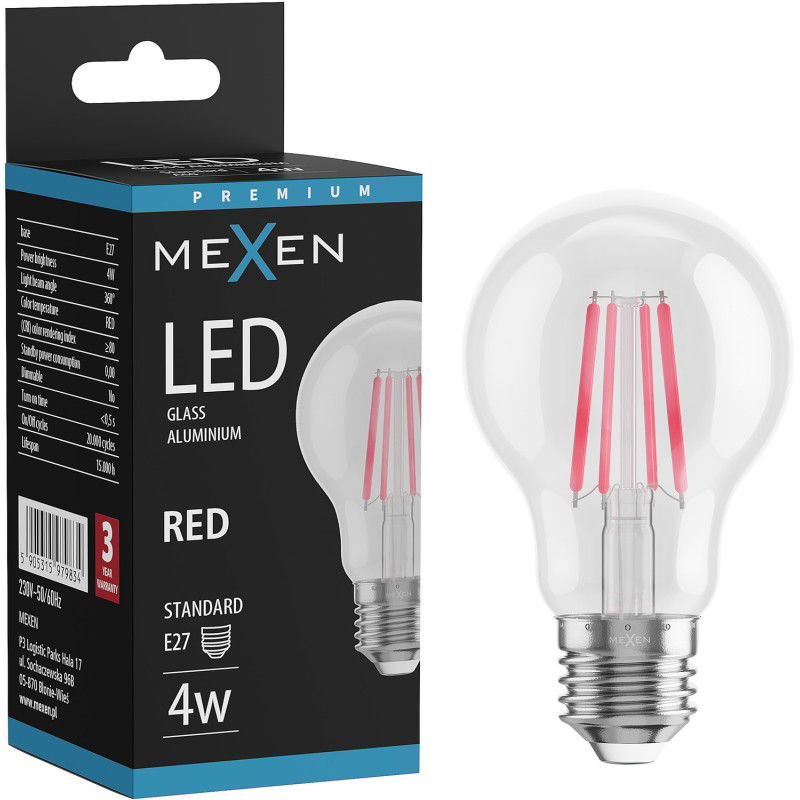 Mexen Vintis LED filamentinė lemputė E27, A60, 4W, 55 lm, raudona - L150-E27-04XX-45