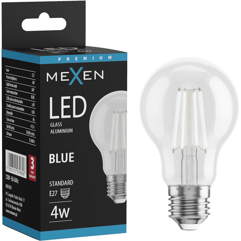 Mexen Vintis Filamentinė LED lemputė E27, A60, 4W, 55 lm, mėlyna - L150-E27-04XX-47