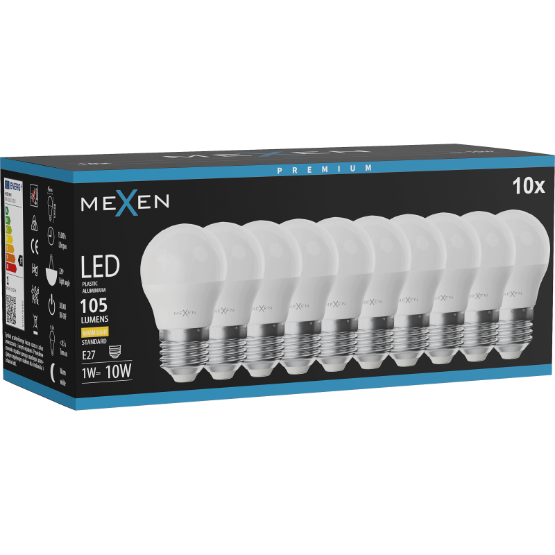 Mexen Nova 10x LED lemputė E27, G45, 1W, Šilta - 3000K, 105 lm - L101-E27-0130-01x10