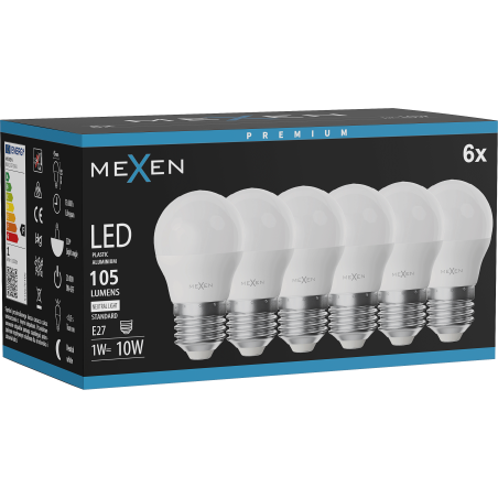 Mexen Nova 6x LED lemputė E27, G45, 1W, Neutrali - 4000K, 105 lm - L101-E27-0140-01x06